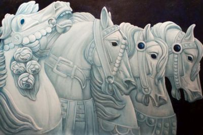 Painting of four white carousel horses.